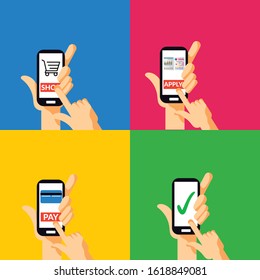 Sets Of Hand Holding Mobile Phone, Tapping Or Touching On Screen Button To Pay, Apply, Enrollment And Done Symbols Sign. Vector Illustration.