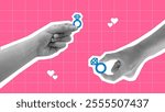 Sets of hand holding a ring for marriage proposal. Valentine's day pop art illustration, flat realistic human hand vector collage.
