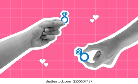 Sets of hand holding a ring for marriage proposal. Valentine's day pop art illustration, flat realistic human hand vector collage.