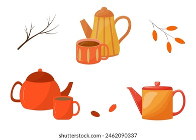 Sets of hand-drawn cups and teapots with tea. Autumn comfort concept