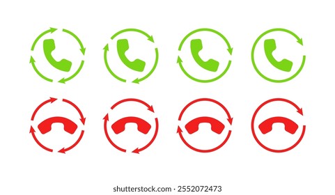 Ícones do fone do conjunto. Aceitar e rejeitar chamada. Estilo Plano. Ícones de vetor