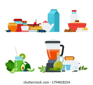 Sets of healthy breakfasts from different dishes and products vector icon flat isolated illustration