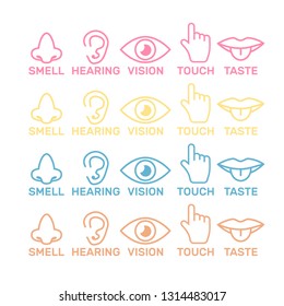 Sets of icons representing the five senses. Sight, smell, hearing, touch, taste icons vector