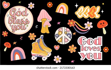 Sets of icons in the style of the 70s. Vector stock illustration. Black background. Rollers, mushrooms, and inscriptions. Hippie and psychedelic design