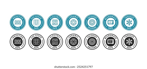 Conjuntos de Inducción, Electricidad, Gas, Cerámica, Microondas, Congelador, Halógeno, Rejilla de cocina Vector Logo. Conveniente para la Plantilla del símbolo o del logotipo. 