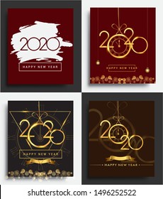 Sets of invitation and greeting card celebration for new year 2020 elegant design with glitter isolated on black background, text design gold colored.