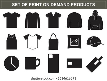 Conjuntos de Impresión a la carta aislada icono de producto Las más populares y símbolo. Camiseta, sudadera con capucha, bolso, taza, almohada, reloj, dinero eléctrico, teléfono persiguiendo, disco flash, chaqueta.