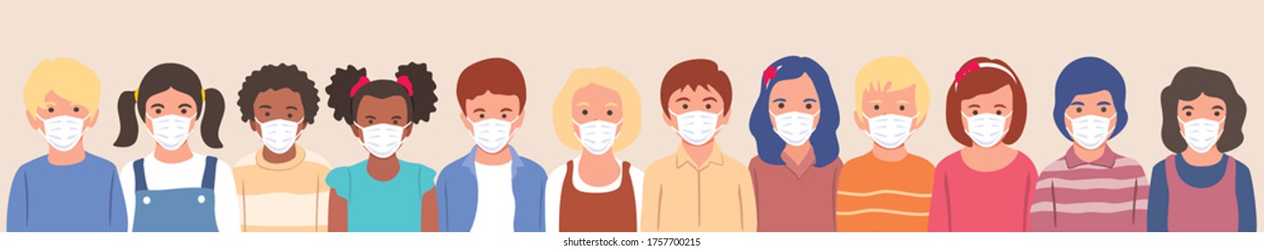 sets of kids with protection mask flat vector illustrations set. 
Group of children wearing medical masks to prevent disease, 
flu, air pollution, contaminated air, world pollution