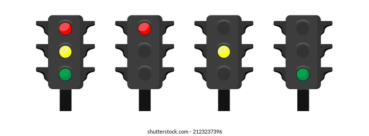 Sets of LED traffic lights showing red, yellow or green light. Vector.