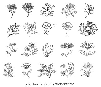 sets of line art-style vector flower clipart—minimalist, elegant, and perfect for botanical illustrations, wedding invitations, or other decorative designs.