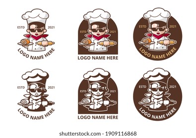 Sets logo of bakery shop with cool young chef as mascot