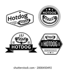 sets of logo for hot dog food industry, there are vintage logos in black and white color and hand drawn hot dog drawing  