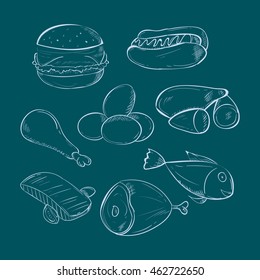 sets of Meal doodle on Blue background.