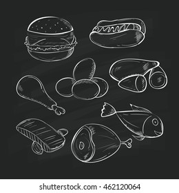sets of Meal doodle on chalkboard background.