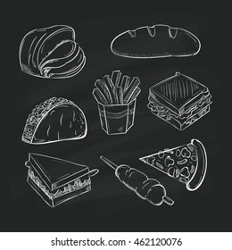sets of Meal doodle on chalkboard background.