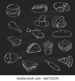 sets of Meal doodle on chalkboard background.