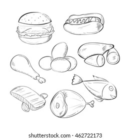 sets of Meal doodle on White background.