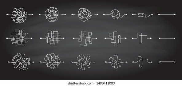 Sets of messy clew symbols lines with scribbled round element, consept of transition from complicated to simple, on a chalkboard background Vector illustration.