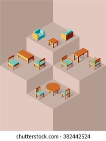 Sets of metallic chairs and tables in mint color in the hexagon-based space