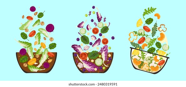 Conjuntos de ensalada de frutas mixtas, ensalada de verduras frescas y alimentos saludables flotan en el aire hacia tazones de madera. Ilustración aislada sobre un fondo claro para un menú de alimentos. Los pósters son fáciles de editar.