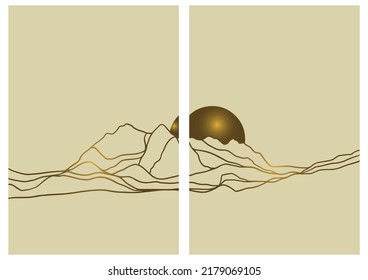 Sets Modern Minimalist Wall Art Illustration of Mountain and Moon with Golden Color.