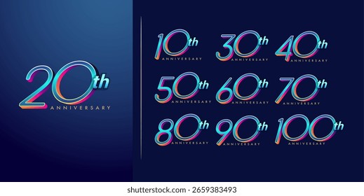 Sets of Neon 3D Anniversary logo set from 10th to 100th with colorful gradients. Perfect for events, branding, invitations, or posters. Editable vector design with modern, bold, and futuristic style.