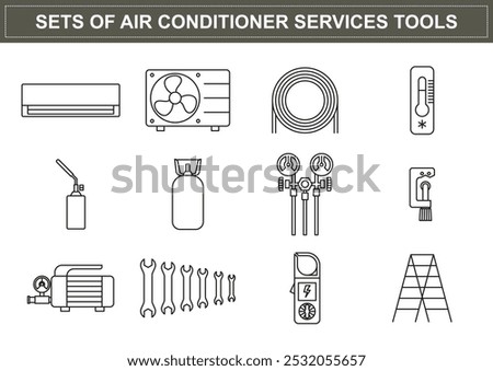 Sets outlined icon for air conditioning service and repair work. Industrial work graphic resources.