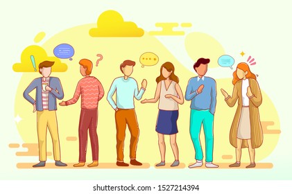 Sets of people talking or speaking to each other. Collection of chatting men and women with speech bubbles isolated on white background. Colorful vector illustration in flat cartoon style.