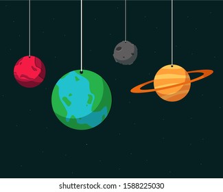 Sets of planets mobile hanging in space.Mars,Earth,Moon,Saturn hanging.Vector Illustration EPS.10
