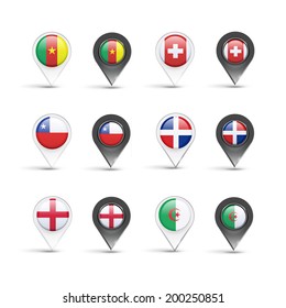 Sets of pointer flags over white background 