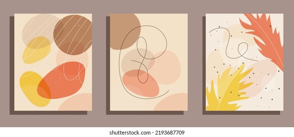 Sets with posters in abstract style. Art postcards. Vector stock illustration. hand drawn. Modern style. palm leaves