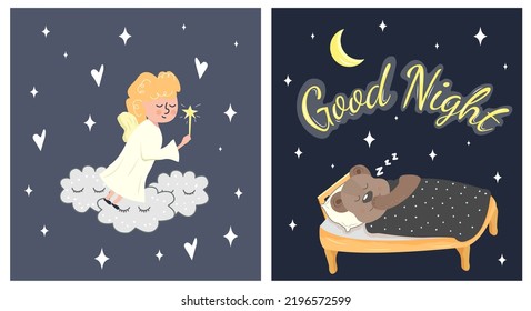 Sets of posters with a bear and angels. Goodnight. Vector stock illustration. Doodle. Kartun. Animal and character. Children's drawing