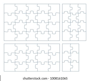 Sets of puzzle pieces vector illustration. 2 x 2, 3 x 3, 4 x 4. 5 x 5 jigsaw game outline pieces picture