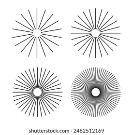 Conjuntos Líneas circulares radiales: Formas geométricas circulares radiantes que se asemejan a los rayos solares. Elemento de diseño Abstractas. Ilustración vectorial sobre fondo blanco.