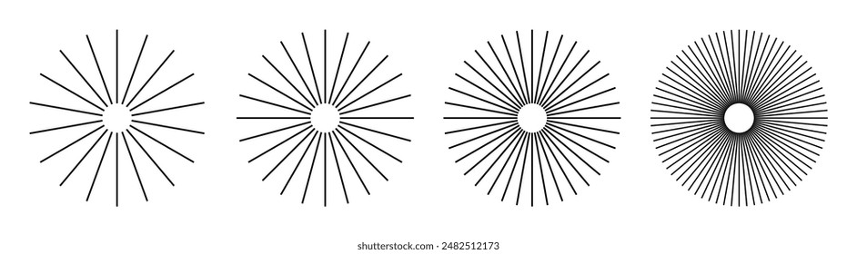 Conjuntos Líneas circulares radiales: Formas geométricas circulares radiantes que se asemejan a los rayos solares. Elemento de diseño Abstractas. Ilustración vectorial sobre fondo blanco.