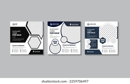 Sets of real estate instagram post social media layouts template design bundle vector.  elegant digital marketing square social media promo poster sale  discount social media advertising design 