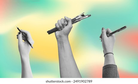 Sets of realistic hand holding writing tools black and white illustration on colorful gradient background.