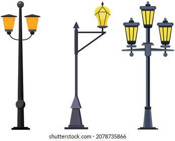 Sets of road lamp, lamp post in different style vector illustration white isolated background, city builder elements collection