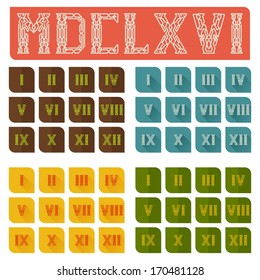sets of Roman numerals from one to twelve on colored substrates