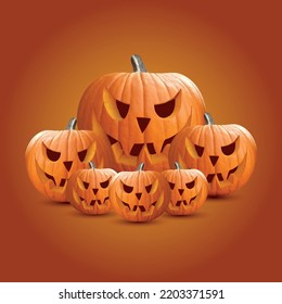 Sets of scary Halloween pumpkins vectors in yellow background for happy Halloween 