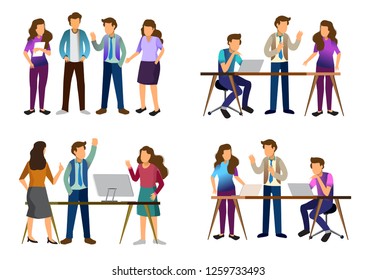 Sets of scenes at office. teamwork in process of creating something, discussing idea with team, celebration of success work, working with laptop in business meeting. illustration in flat cartoon style