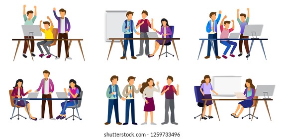 Sets of scenes at office. teamwork in process of creating something, discussing idea with team, celebration of success work, working with laptop in business meeting. illustration in flat cartoon style