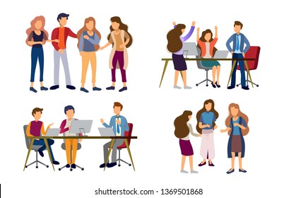 Sets of scenes at office. teamwork in process of creating something, discussing idea with team, celebration of success work, working with laptop in business meeting. illustration in flat cartoon style