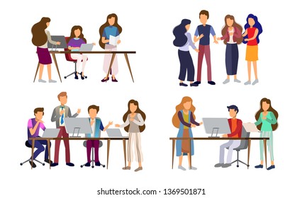 Sets of scenes at office. teamwork in process of creating something, discussing idea with team, celebration of success work, working with laptop in business meeting. illustration in flat cartoon style