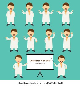 Sets of scientist Character with colorful background. Character men Sets.