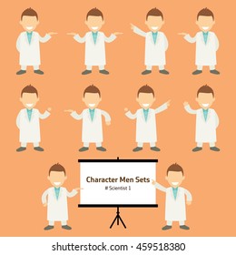 Sets of scientist Character with colorful background. Character men Sets.
