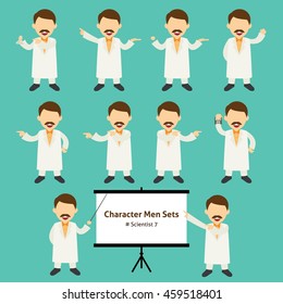 Sets of scientist Character with colorful background. Character men Sets.