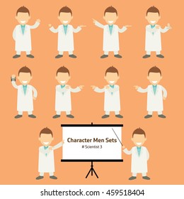 Sets of scientist Character with colorful background. Character men Sets.