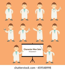 Sets of scientist Character with colorful background. Character men Sets.