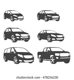 Sets Of Silhouette Cars And On The Road Vehicle Icon In Isolated Background